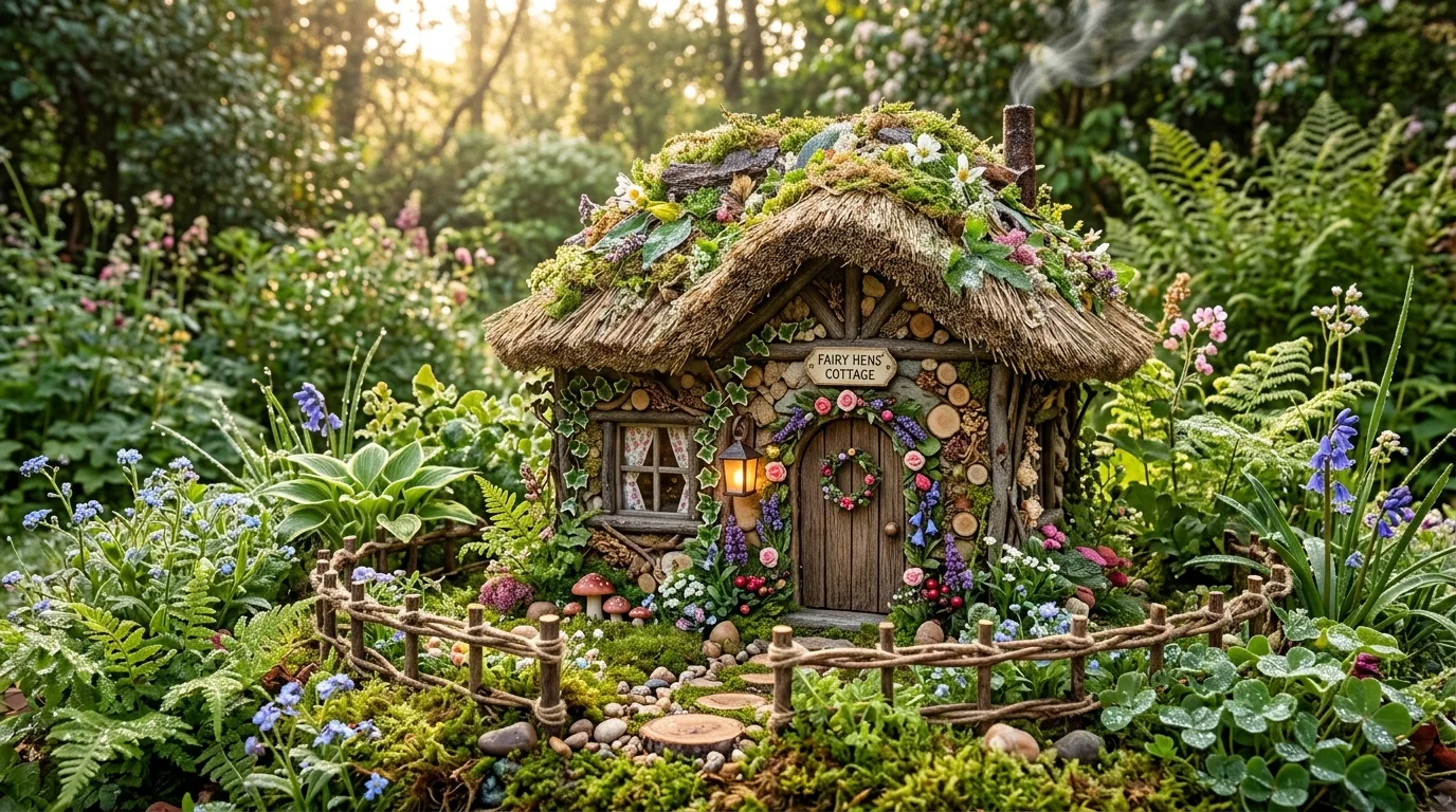 A miniature fairy porch with tiny lantern details beneath low garden branches in a magical natural setting, no people