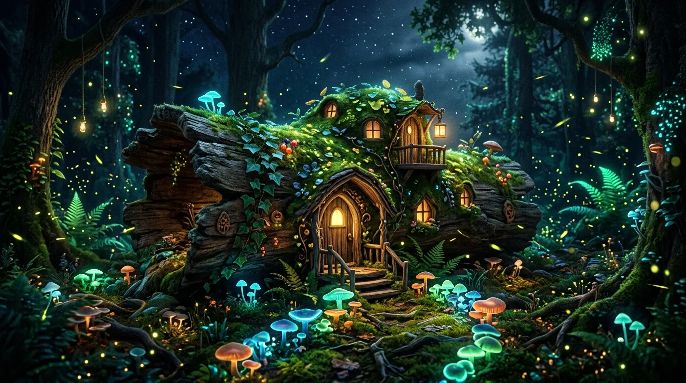 A fairy house made inside a hollow log with tiny stepping stones and moss details in a woodland garden, no people