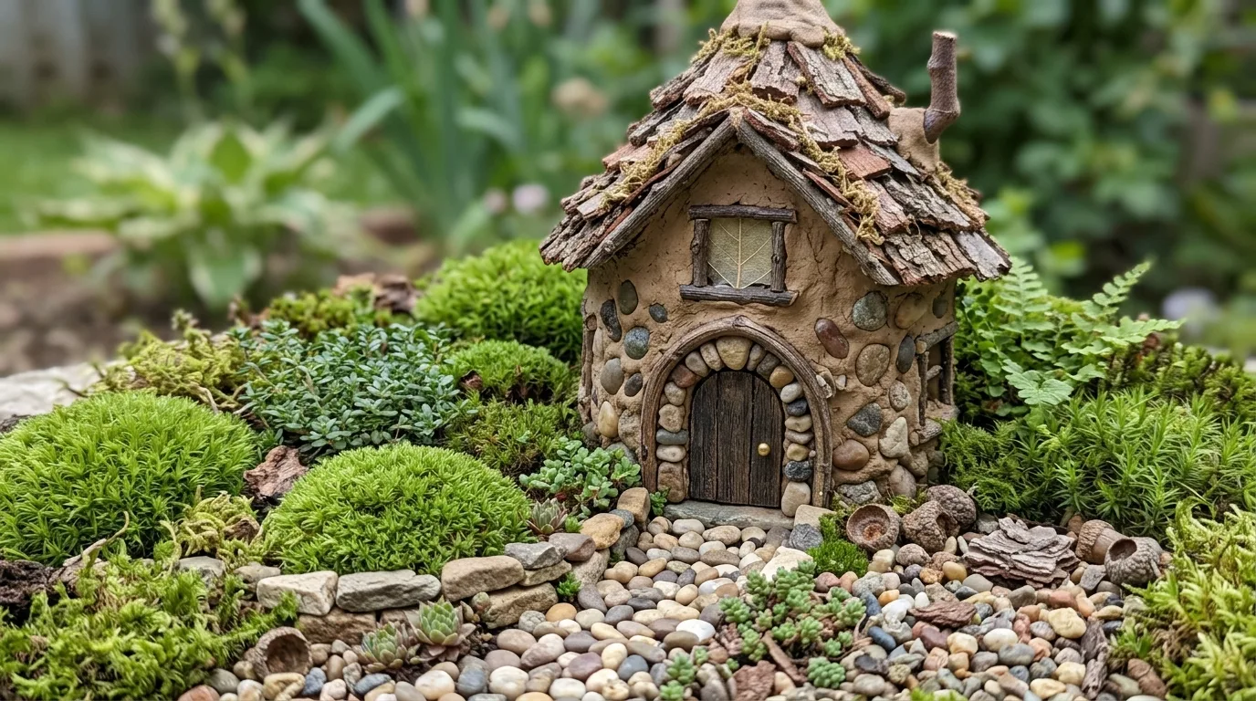 A fairy village built inside a large flower pot with bark houses and gravel lanes in a whimsical garden display, no people