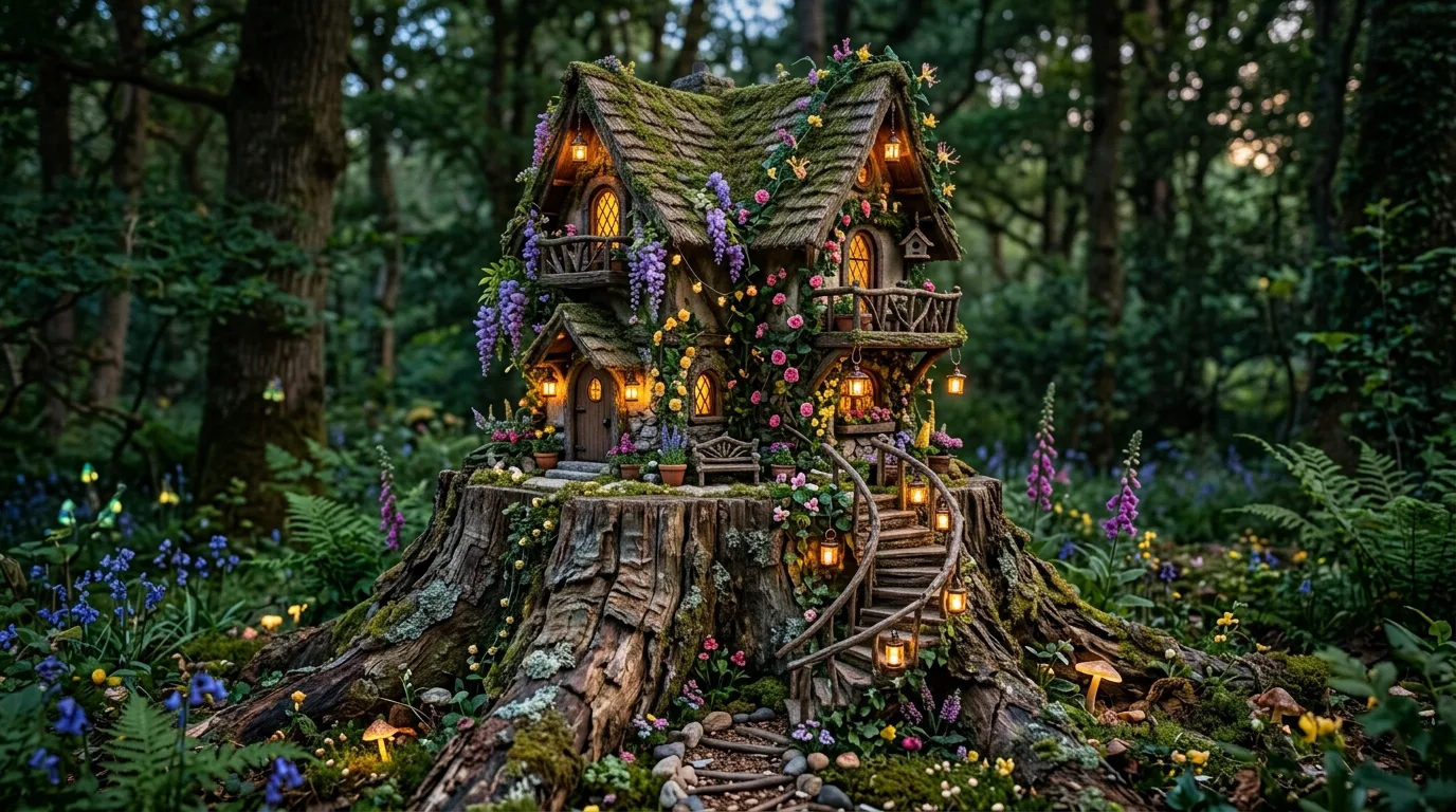 A mushroom inspired fairy house with a curved wooden doorway and natural garden materials around it, no people