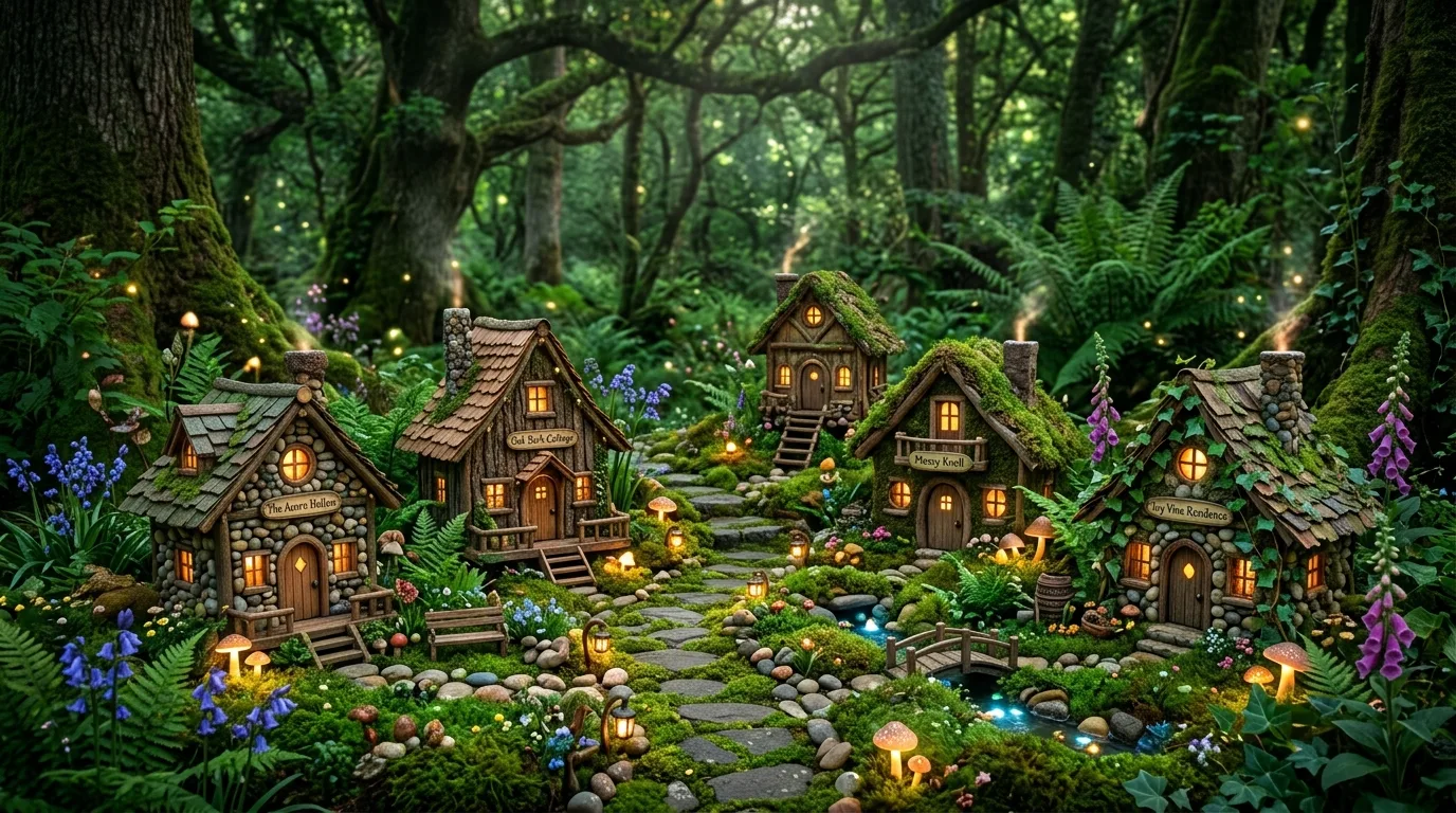A layered fairy garden scene with multiple tiny natural material houses arranged across a forest floor style setting, no people
