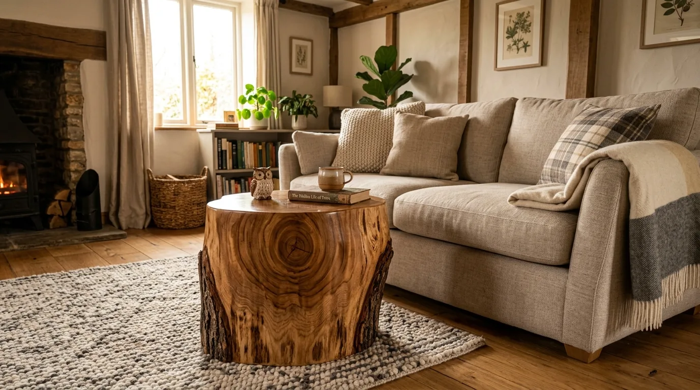 A DIY tree stump side table with a sanded wood top and visible grain in a rustic interior, no people