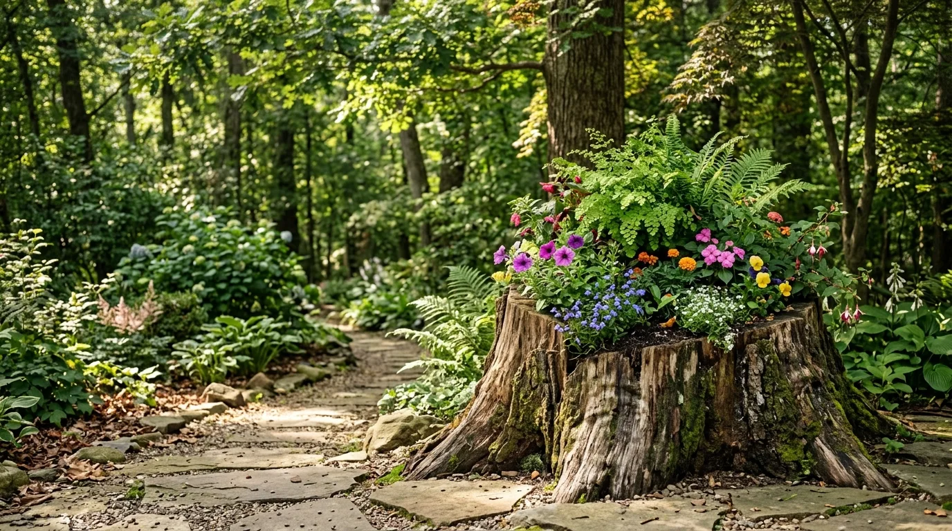 A hollowed tree stump planter filled with trailing greenery and garden plants in a rustic outdoor setting, no people