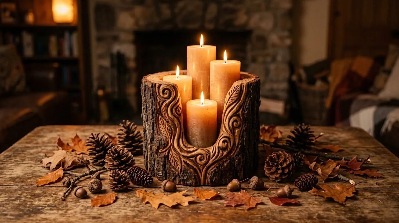 A cluster of tree stump candle holders arranged as a warm rustic centerpiece with glowing candles, no people