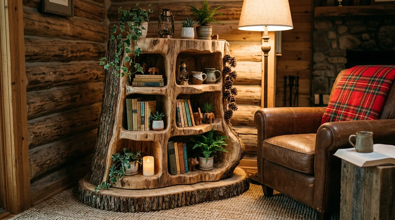 A natural tree stump pedestal displaying pottery and decor in a rustic styled room, no people