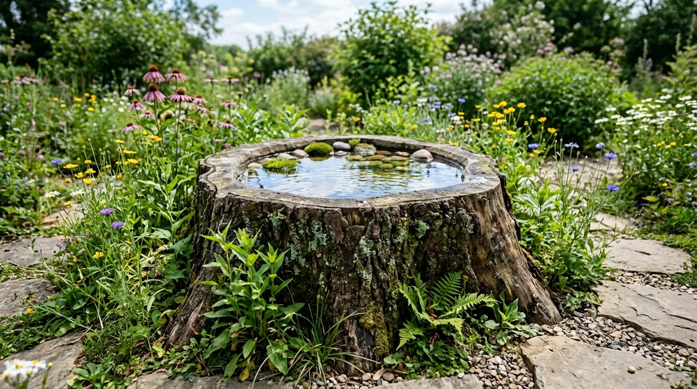 A DIY tree stump fairy garden base decorated with moss and tiny whimsical accents, no people
