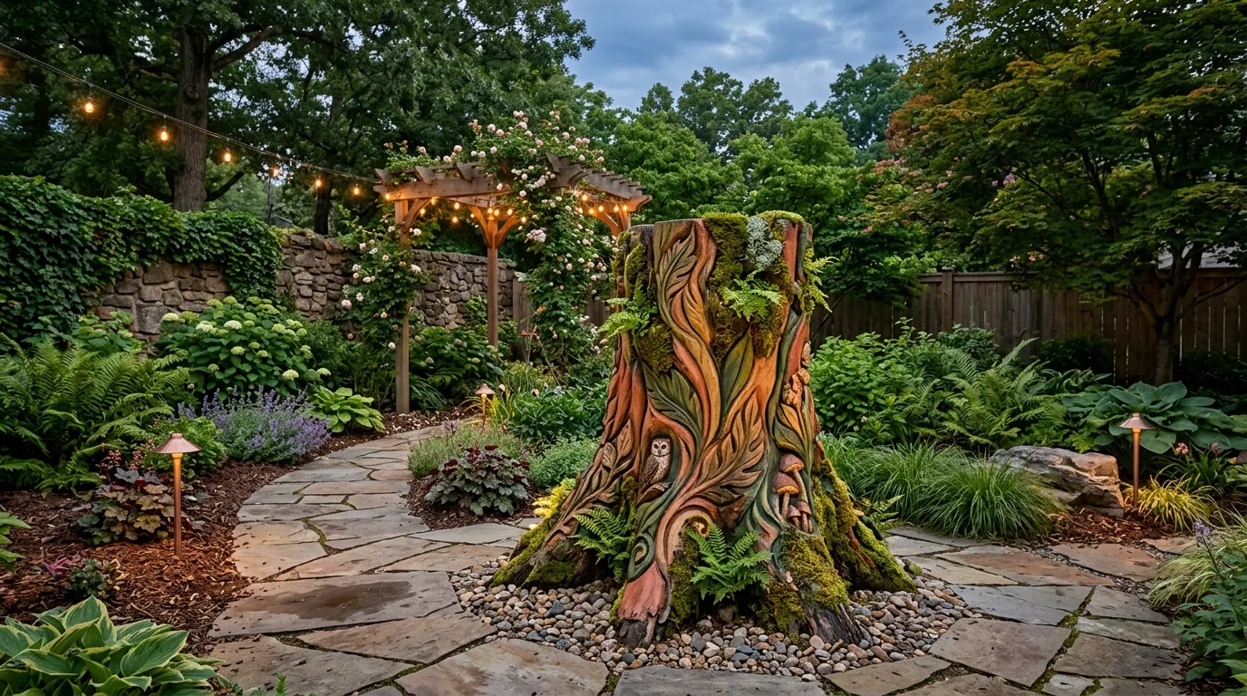 A simple DIY tree stump bench seat placed beside a patio fire pit in a rustic outdoor setting, no people