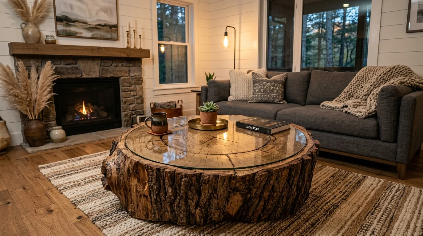 A DIY tree stump accent piece with a wood burned patterned top and rustic styling, no people