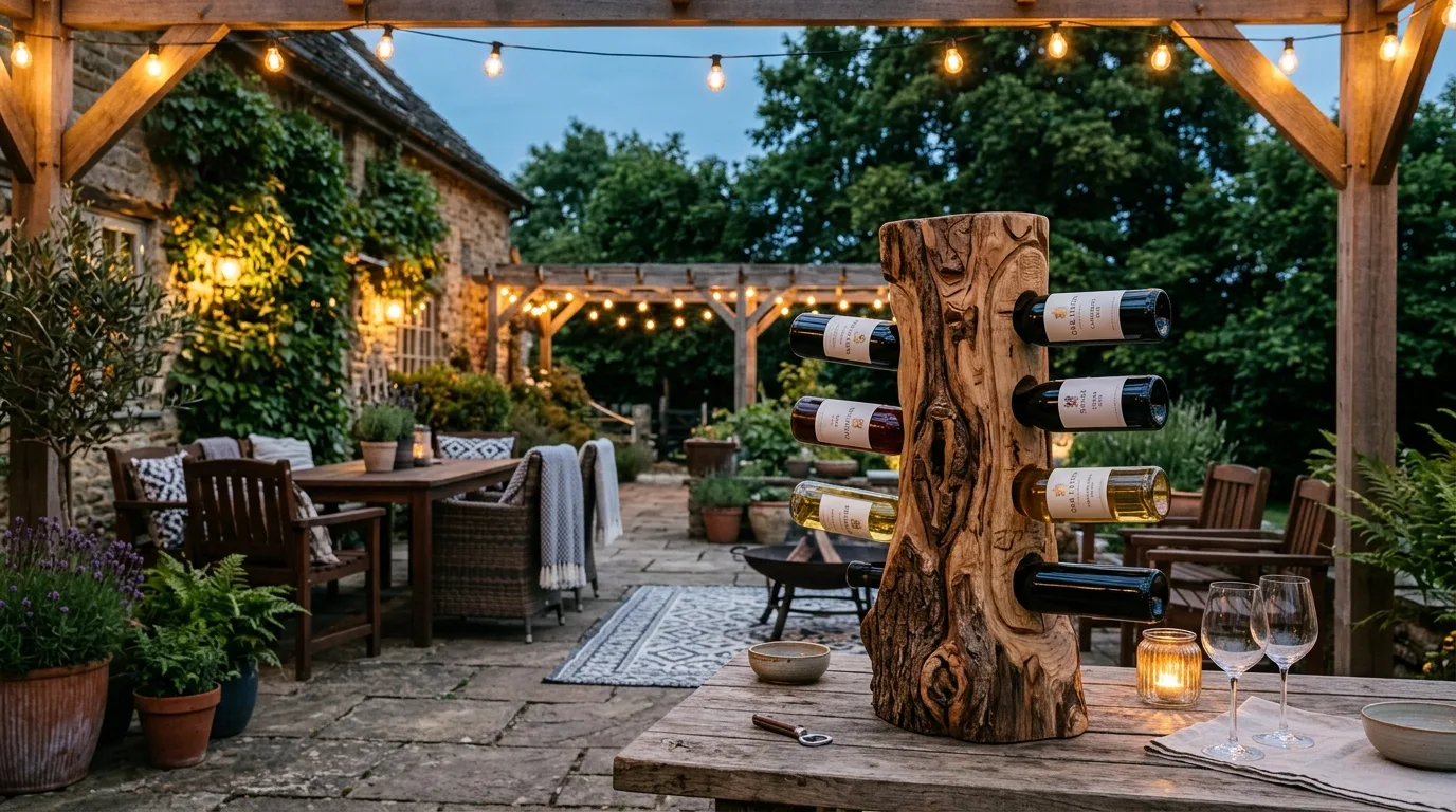 A stacked tree stump plant stand displaying potted plants in a layered rustic arrangement, no people