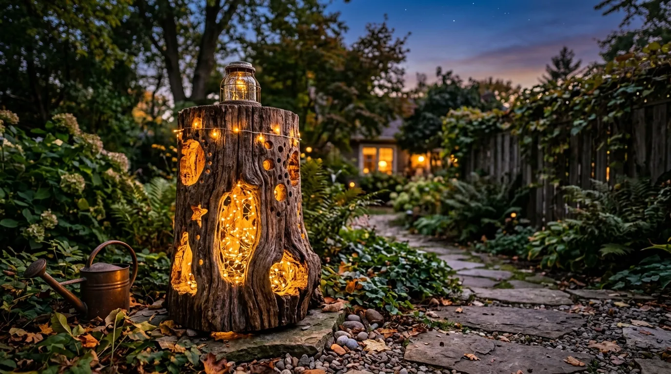 A carved tree stump outdoor stool placed beside garden planters and rustic tools, no people