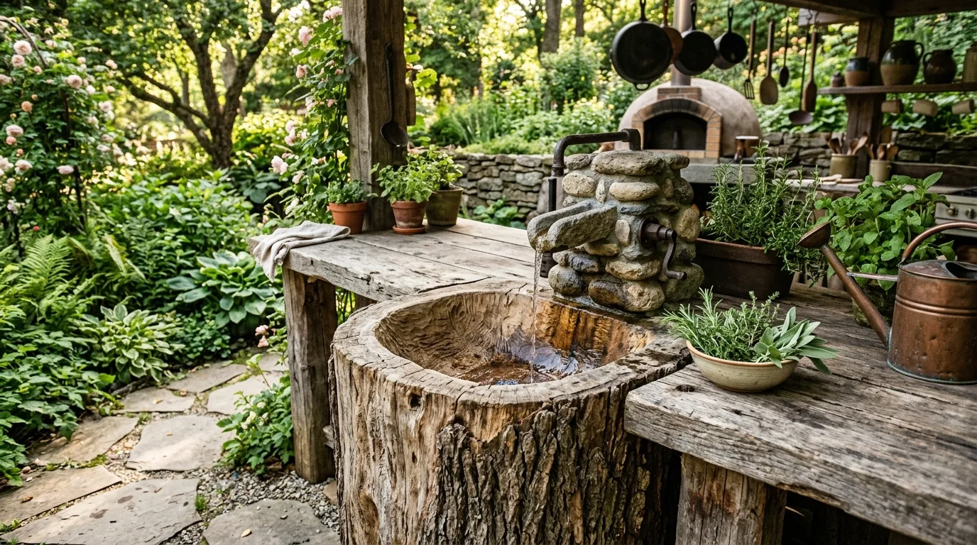 A DIY lamp made from a tree stump base with exposed wood grain in a cozy rustic room, no people