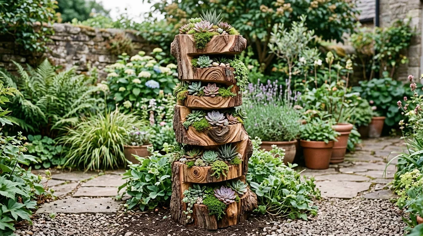 A pair of nested DIY tree stump tables in different heights styled in a rustic living room, no people
