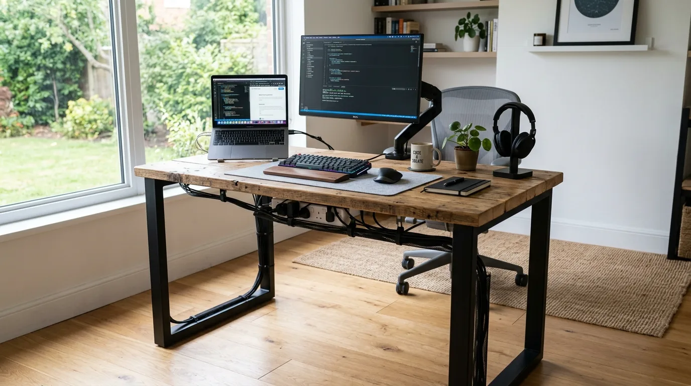 A simple DIY computer desk made from plywood with clean lines and open leg room in a modern workspace, no people