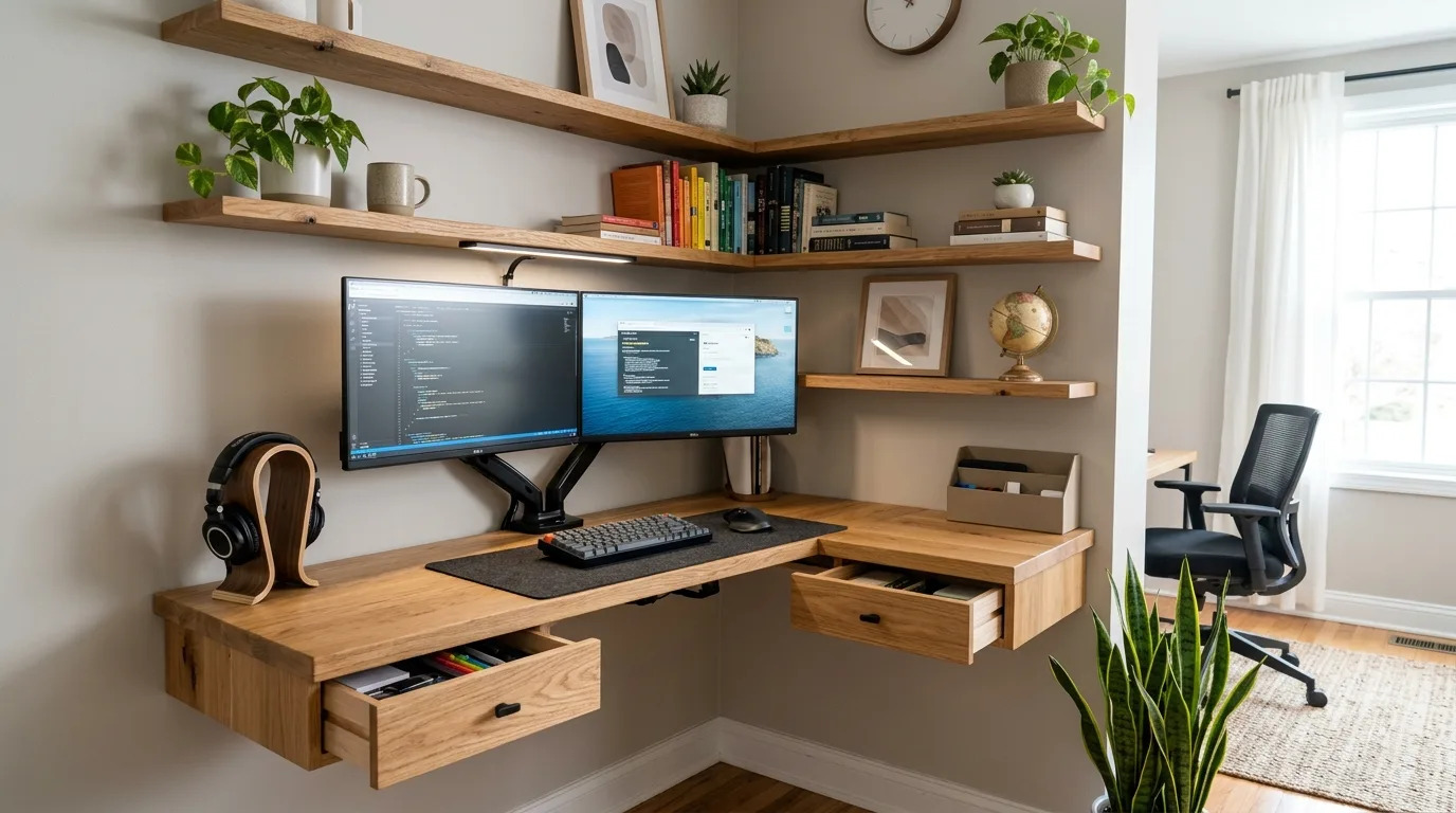 A wall to wall DIY computer desk fitted into a narrow home office with a clean custom built look, no people