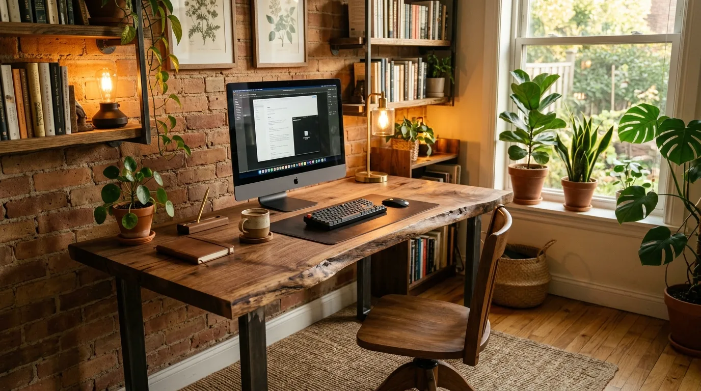 A custom DIY corner computer desk with deep monitor space and built in storage in a home office, no people
