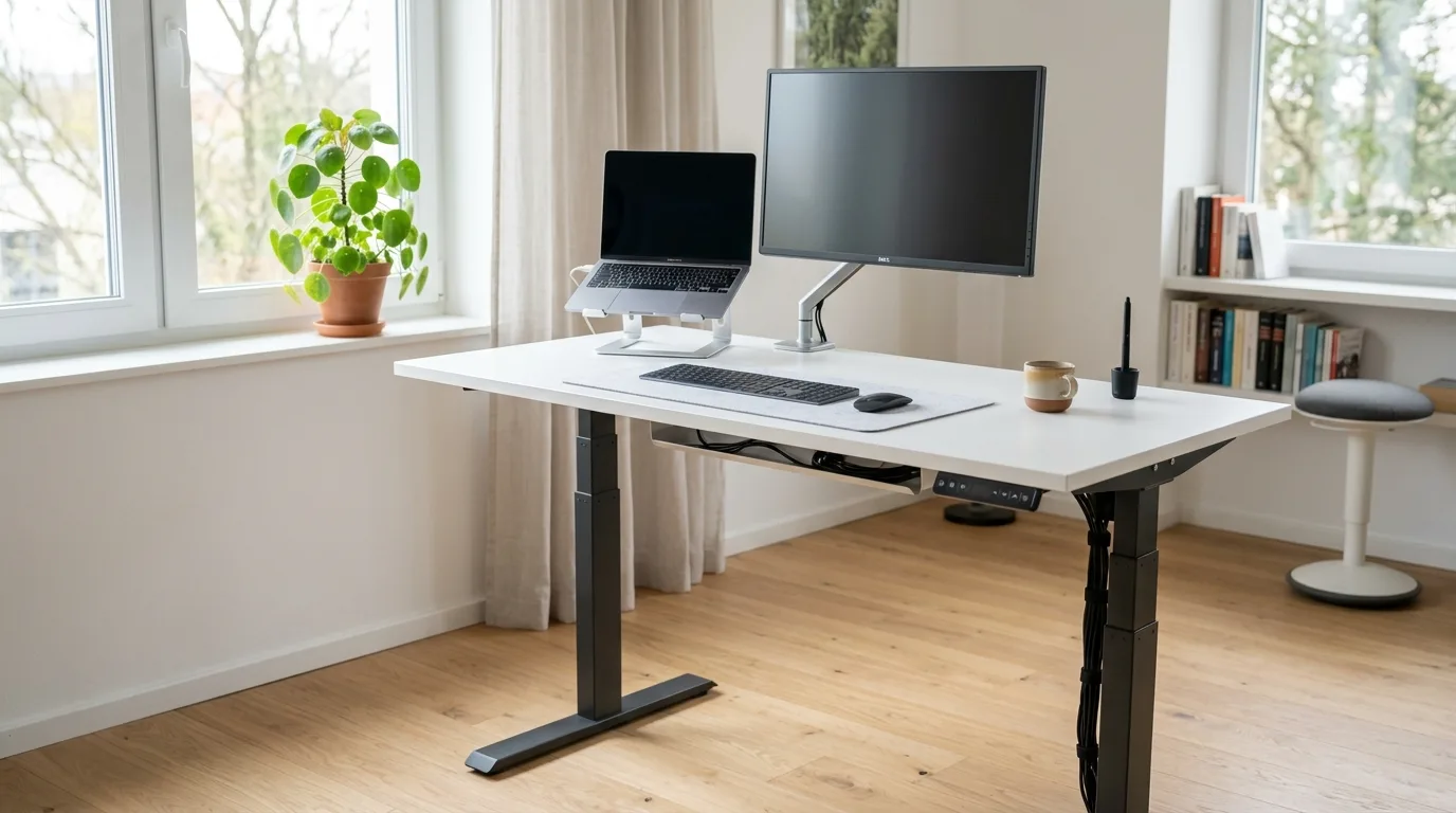 A DIY computer desk with a butcher block top and black metal supports in a stylish work from home room, no people