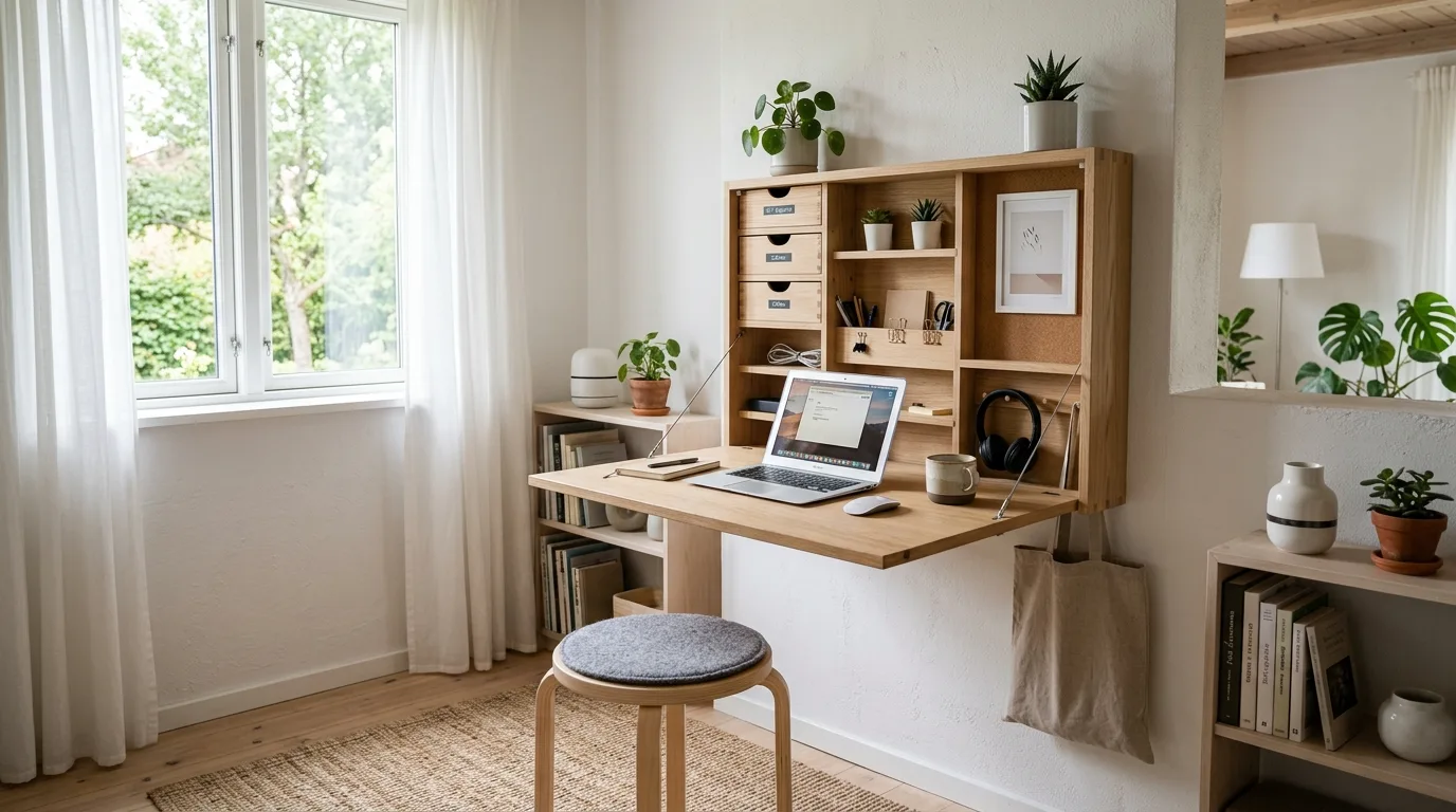 A built in DIY computer desk fitted into an alcove with shelves around the workspace, no people
