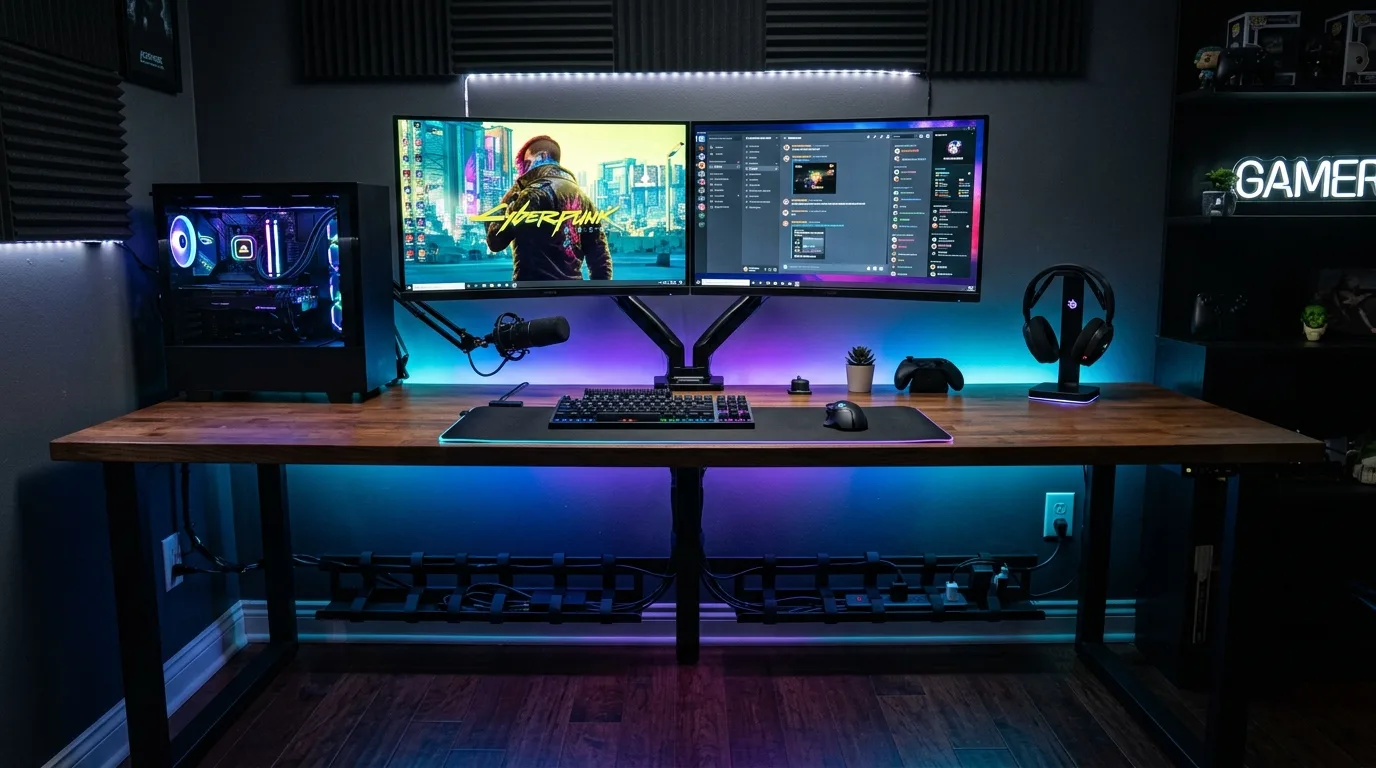 A compact DIY computer desk with drawers set up in a bedroom office corner, no people