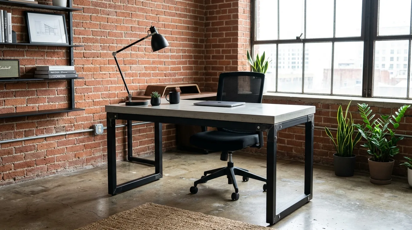 A floating DIY computer desk mounted to the wall in a clean modern office corner, no people
