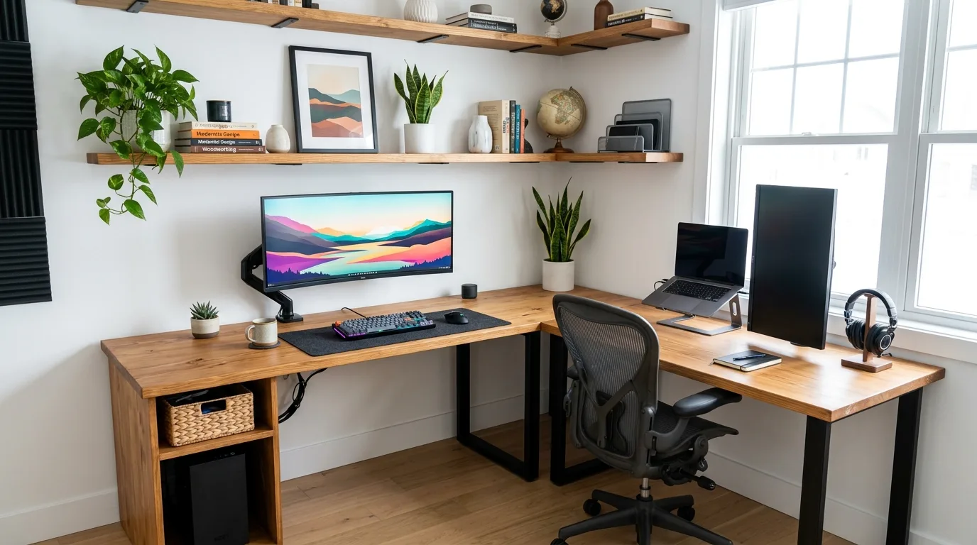 A DIY double workstation computer desk for a shared office with two organized work zones, no people
