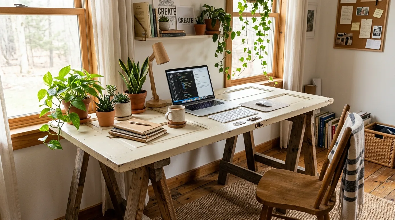 A DIY computer desk with hidden cable management and a concealed power strip in a tidy office, no people