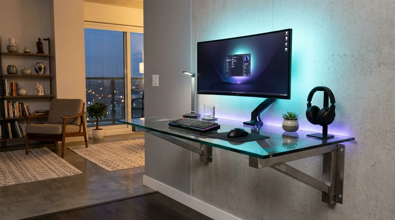 An industrial DIY computer desk with pipe legs and a wood slab top in a bold workspace, no people