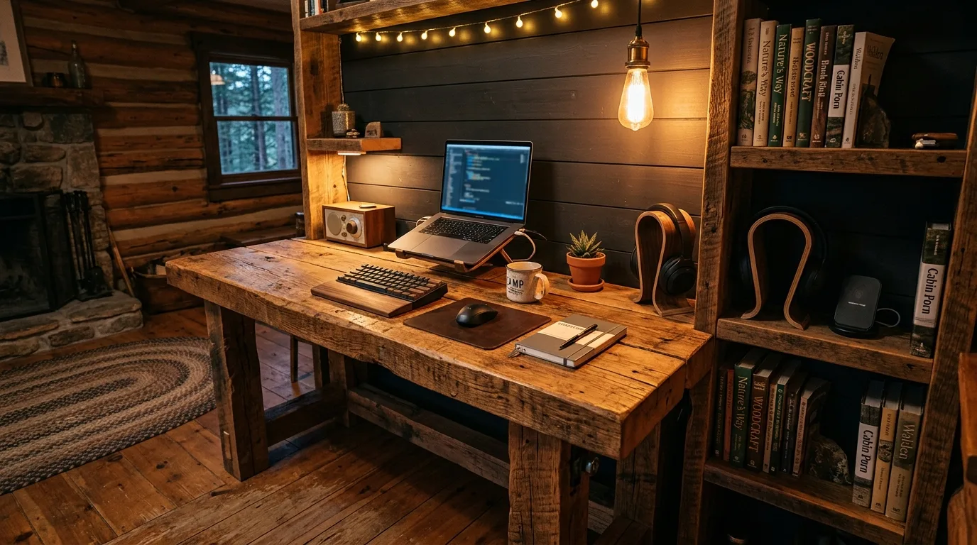 A DIY L shaped computer desk with a side return and printer shelf in a practical home office, no people