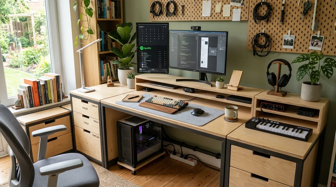 A minimal DIY computer desk on trestle bases in a bright studio style workspace, no people