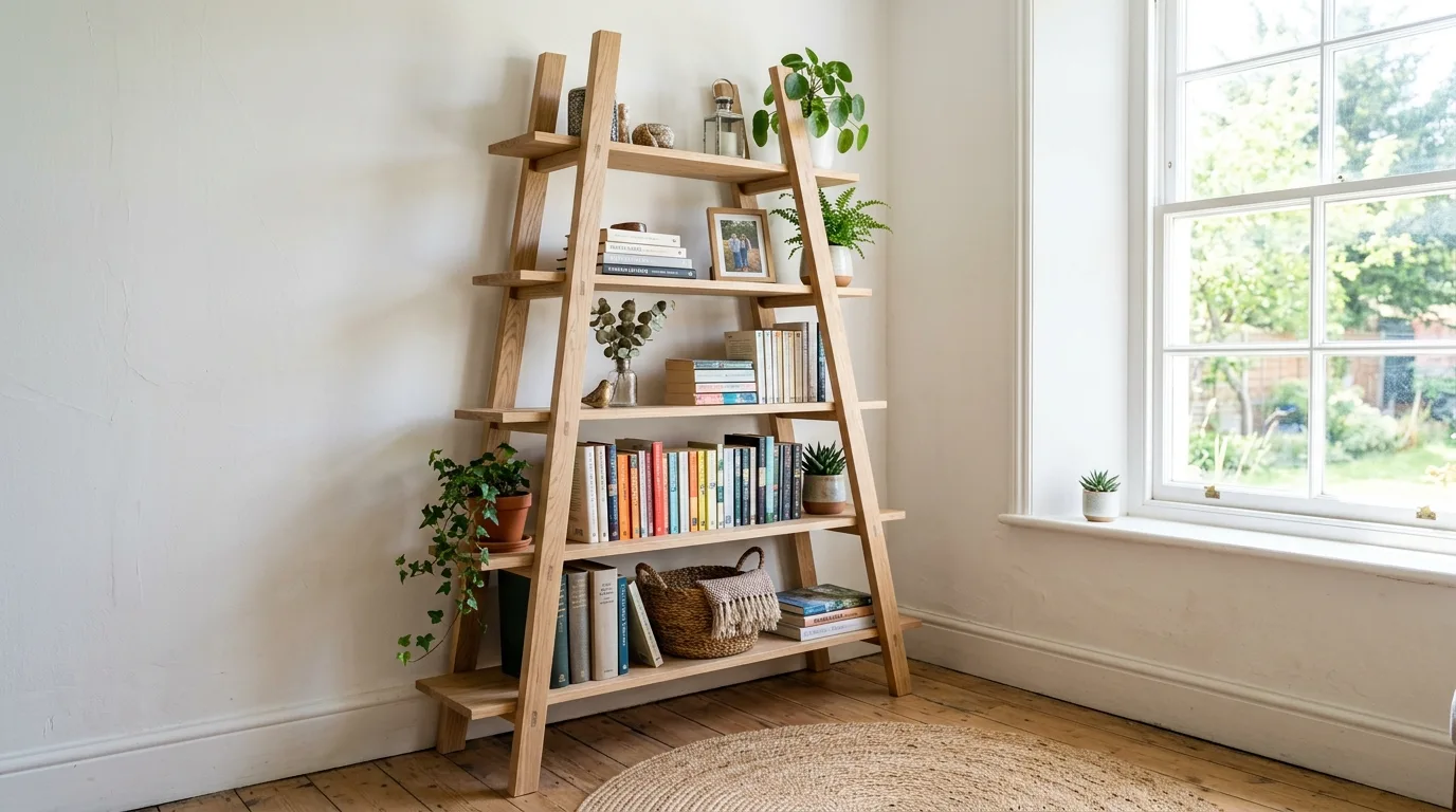 A set of simple open pine DIY bookshelves installed on a clean living room wall with styled books and decor, no people