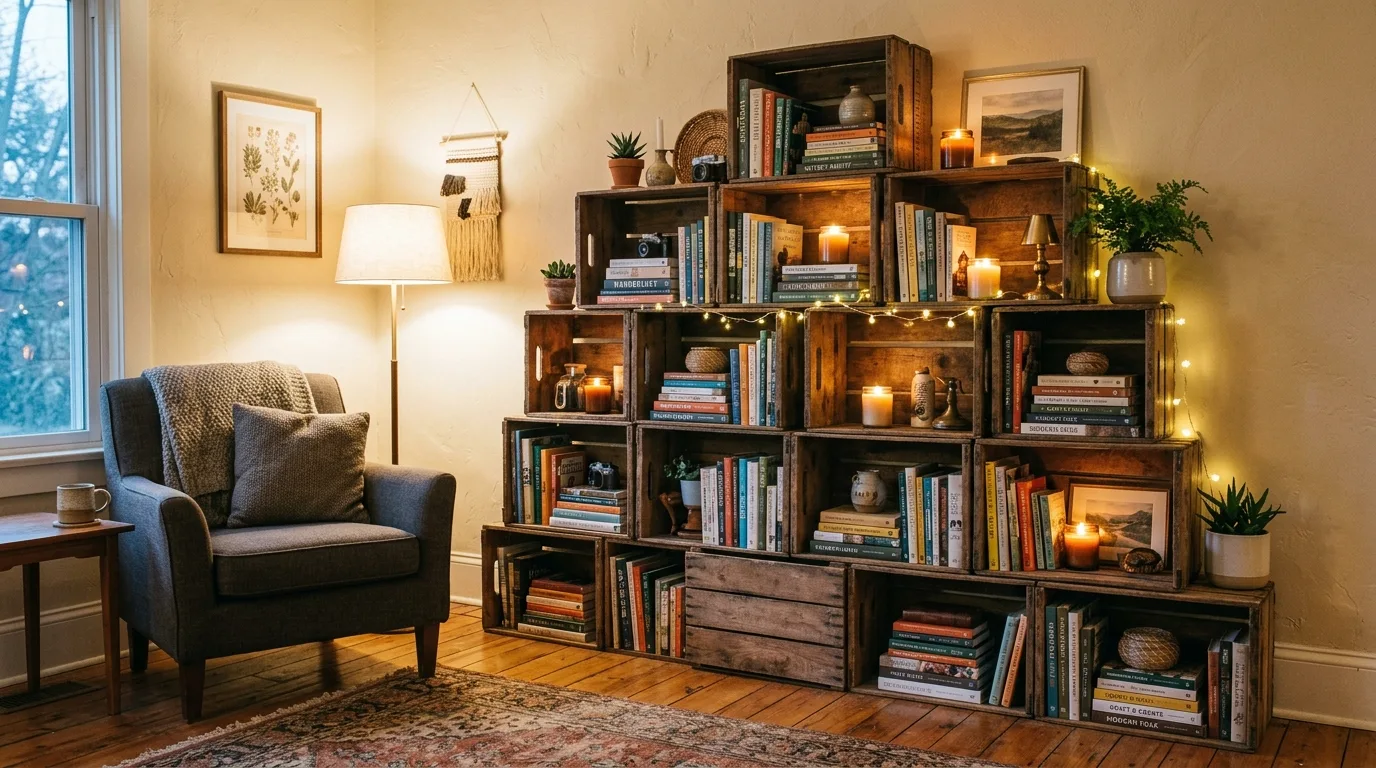 DIY built in bookshelves arranged around a doorway with books and decor in a cozy home interior, no people
