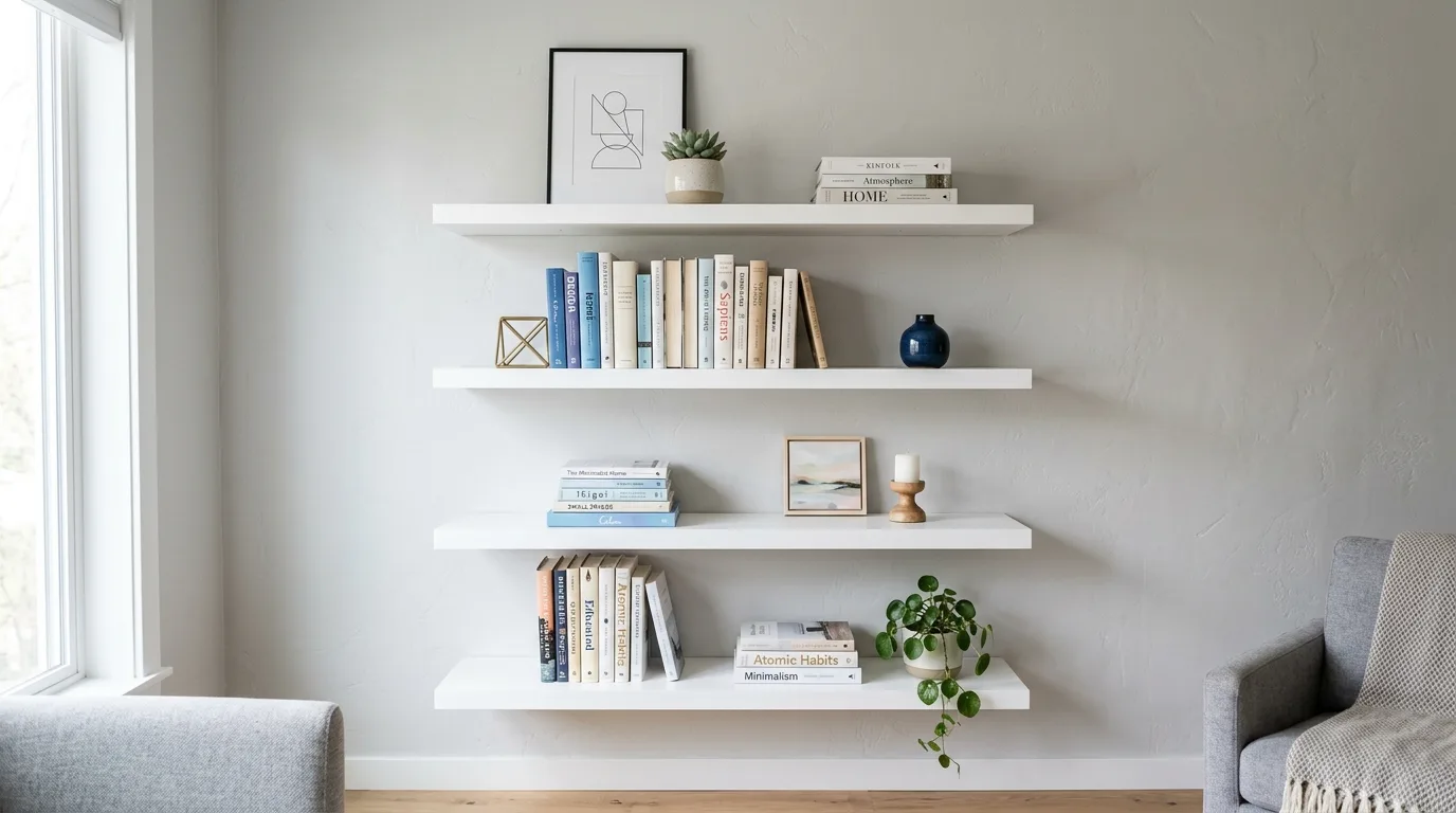 Low horizontal DIY bookshelves built beneath a wide window with books and baskets in a bright room, no people