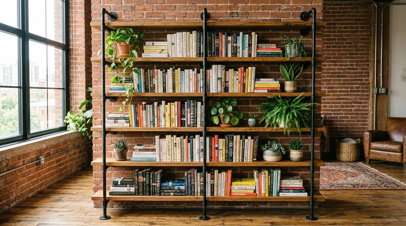 An industrial style DIY bookshelf made with pipe supports and wood plank shelves in a modern rustic room, no people