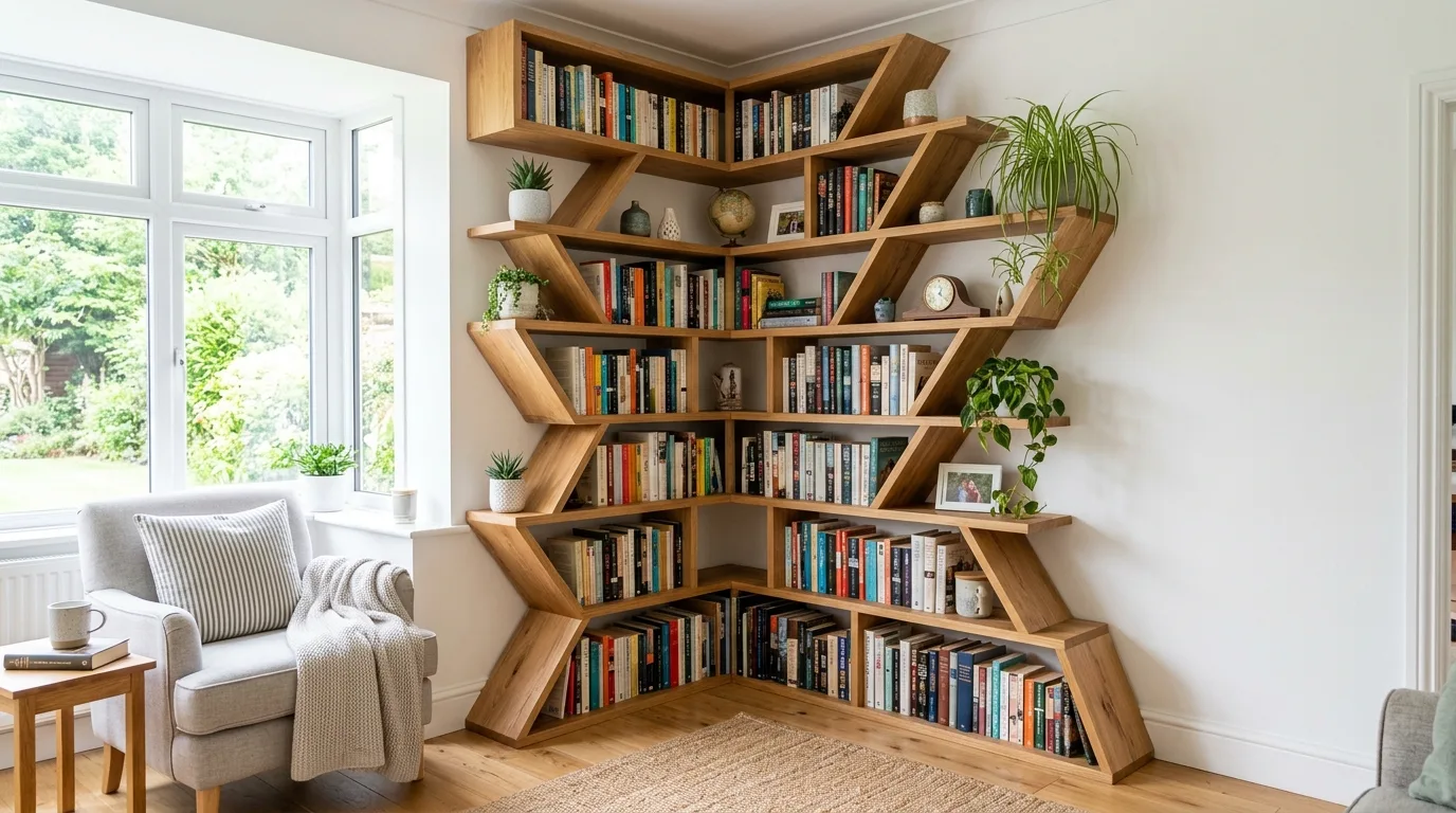 A slim ladder style DIY bookshelf in a small apartment corner with books and decor arranged neatly, no people