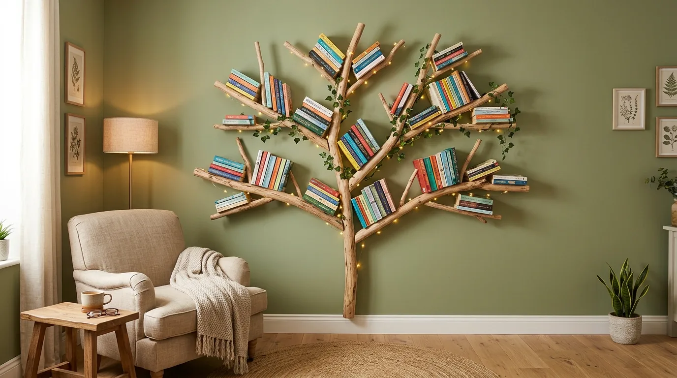 A DIY cube bookshelf with baskets, books, and mixed storage arranged in a tidy family room, no people
