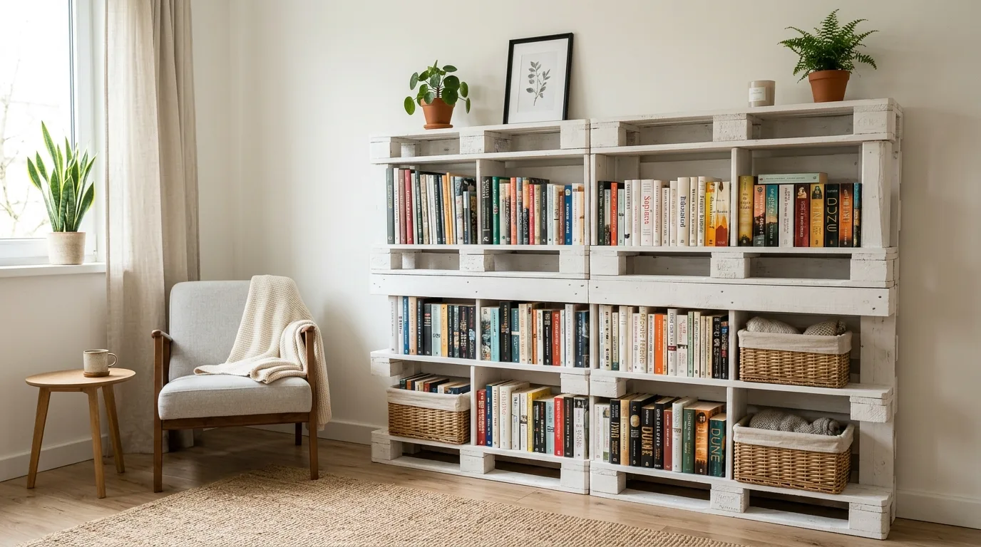 DIY nursery book ledges displaying front facing childrens books on a soft nursery wall, no people