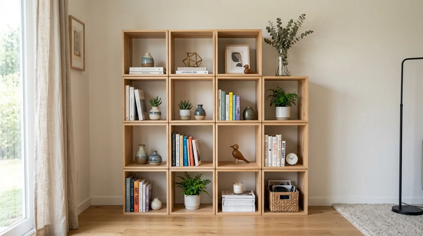 A tall narrow DIY bookshelf fitted beside a fireplace with books and simple decor, no people