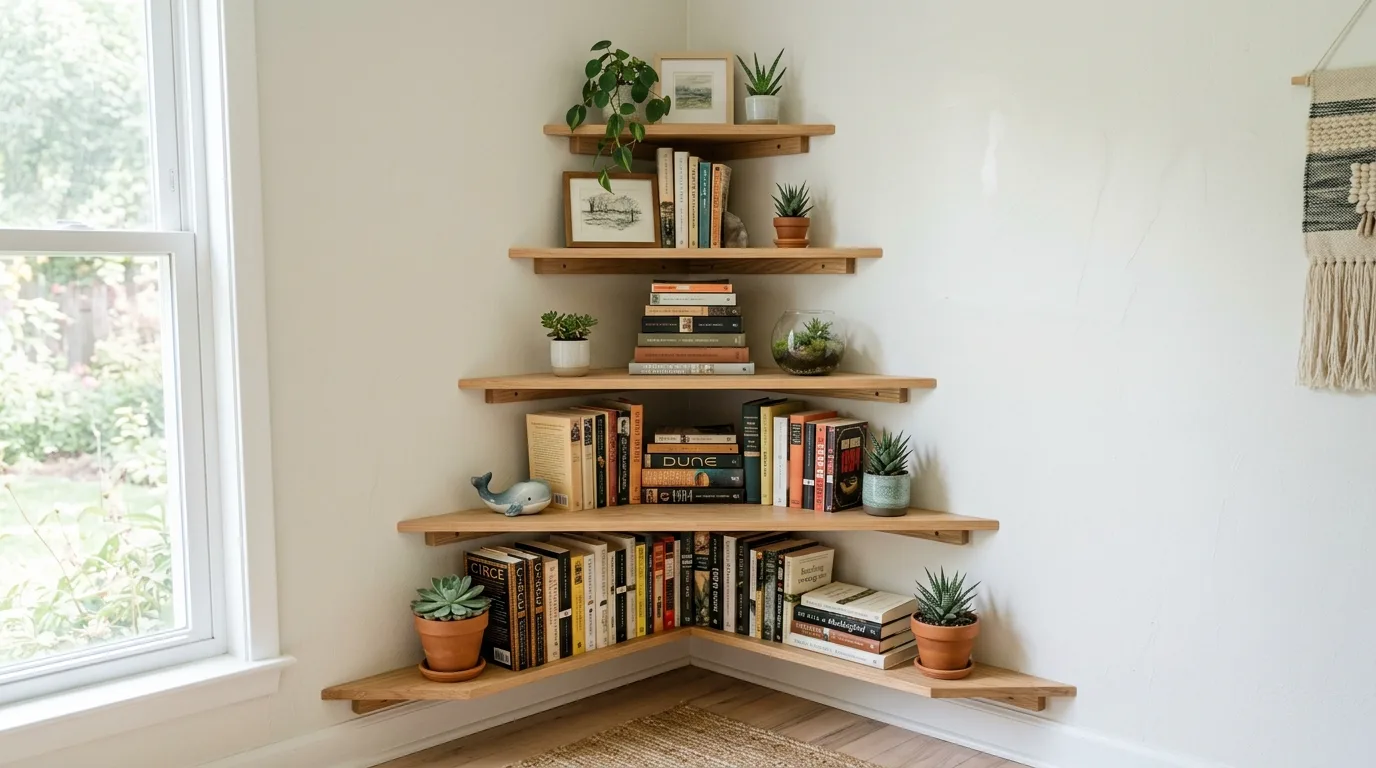 Minimal floating DIY book ledges in a hallway displaying books and framed art, no people