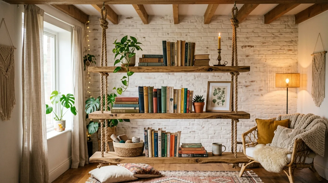DIY corner wrap bookshelves using two walls for books and decor in a cozy home workspace, no people