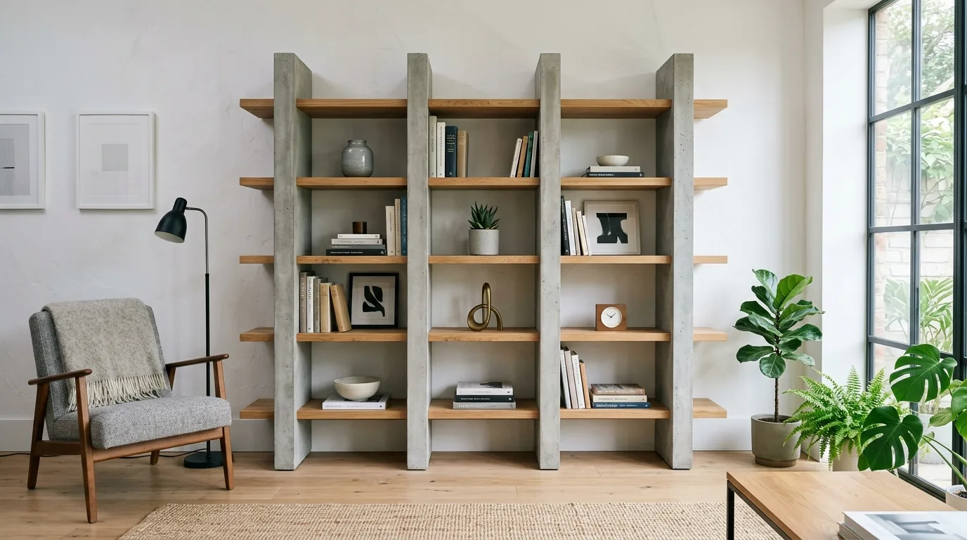 Painted DIY bookshelves with a darker back panel and neatly styled books in a modern room, no people