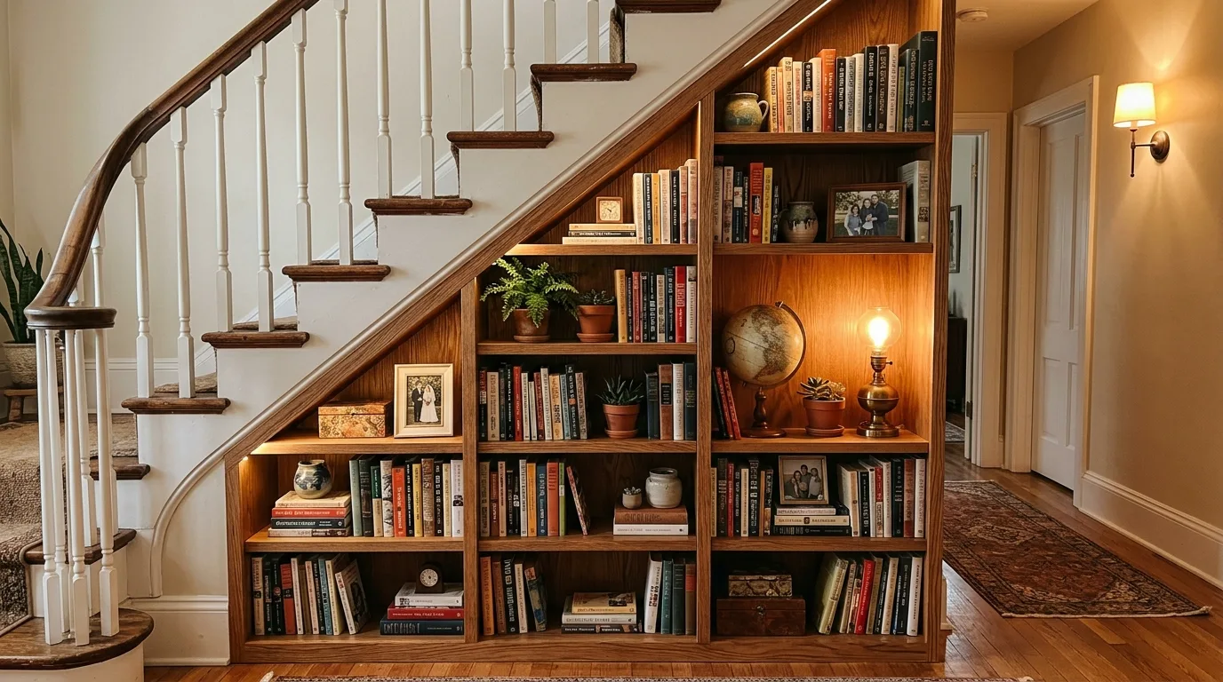 A DIY bookshelf wall with a reading bench tucked below and books arranged around a cozy nook, no people