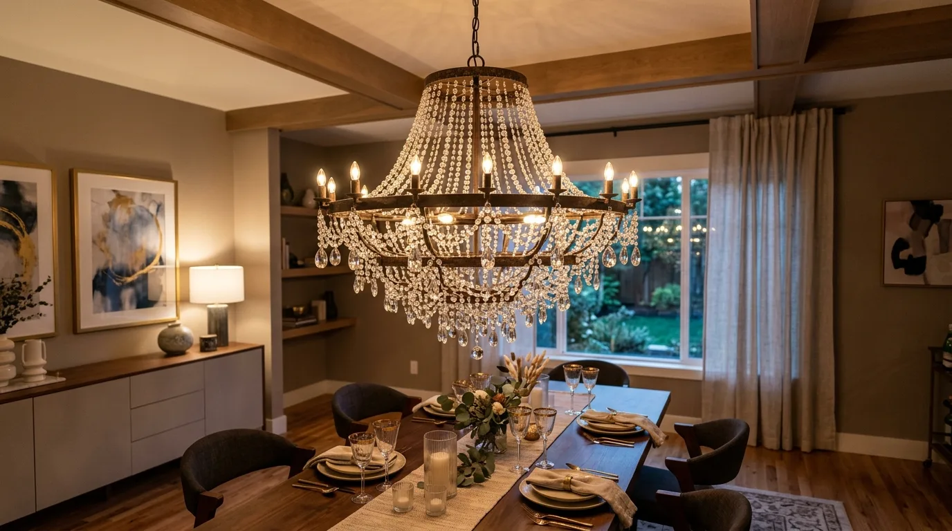 A DIY beaded chandelier made with a hoop frame and soft coastal styling in a bright room, no people