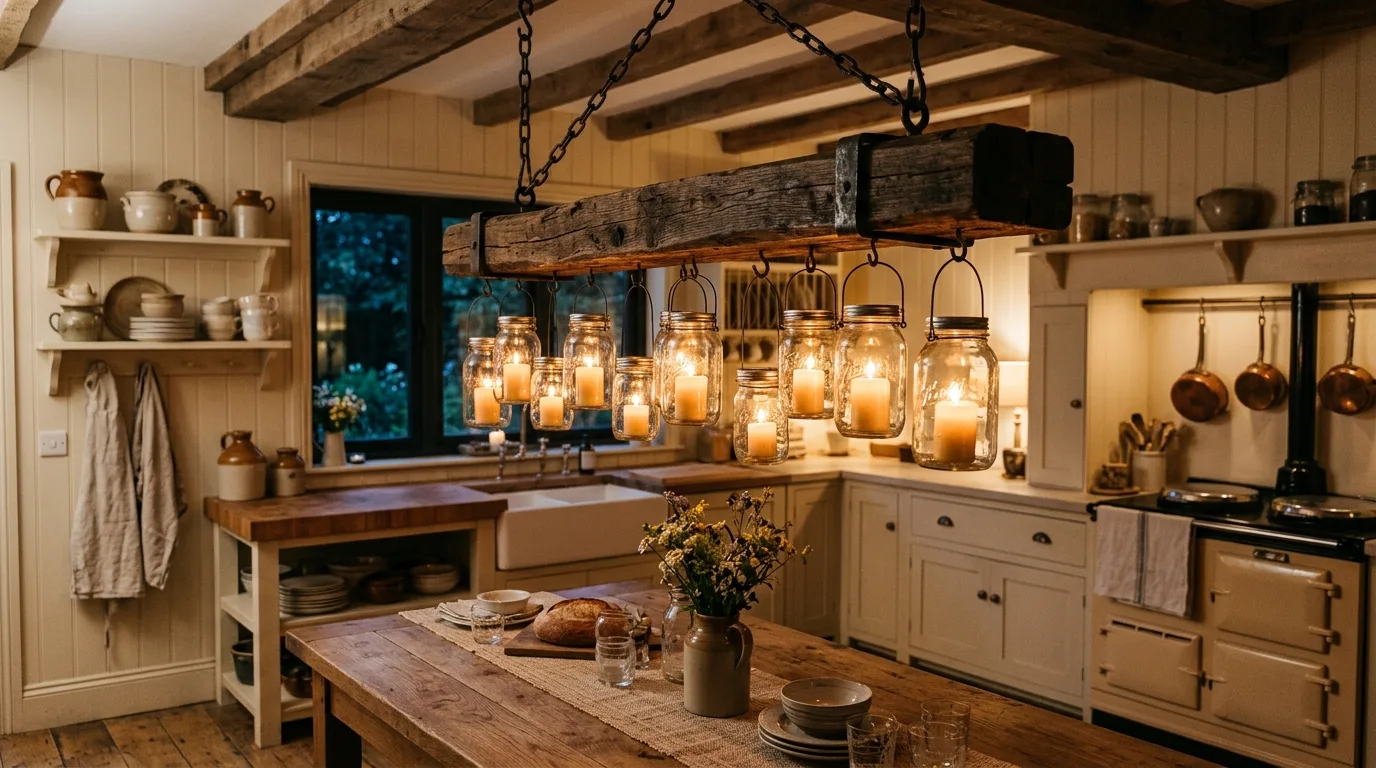 A rustic DIY chandelier made of wood and mason jars hanging above a farmhouse dining table, no people