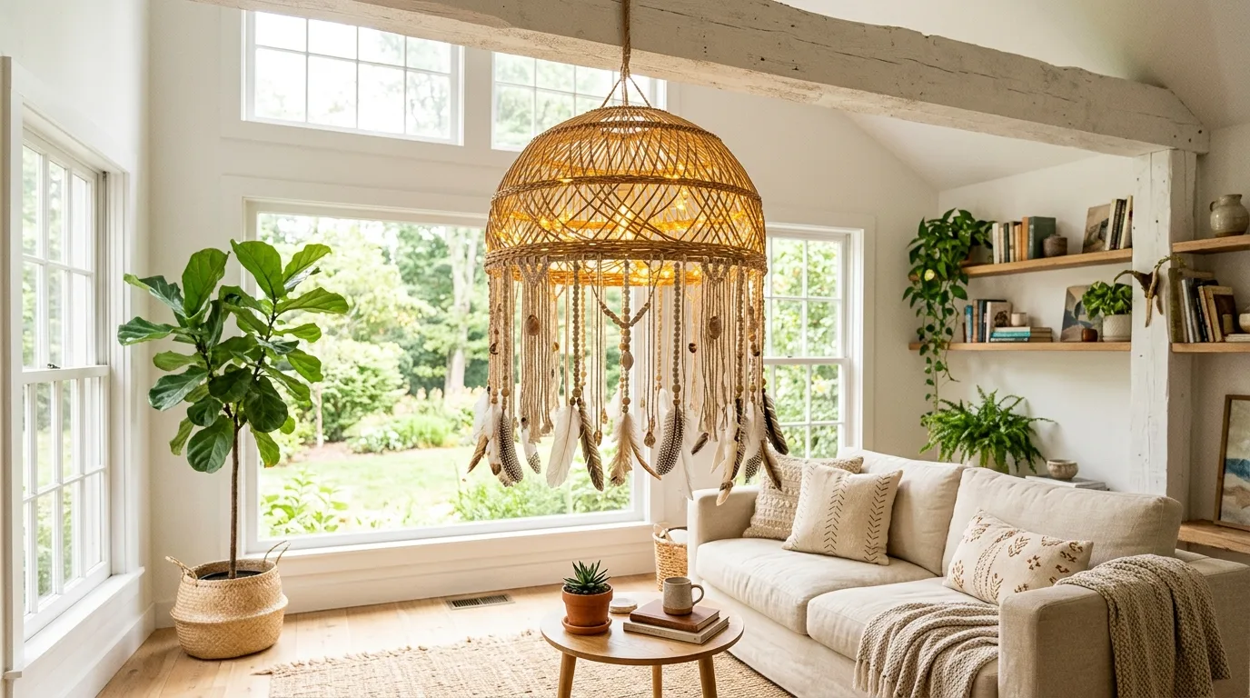 A modern DIY brass ring chandelier with exposed bulbs hanging in a stylish dining room, no people