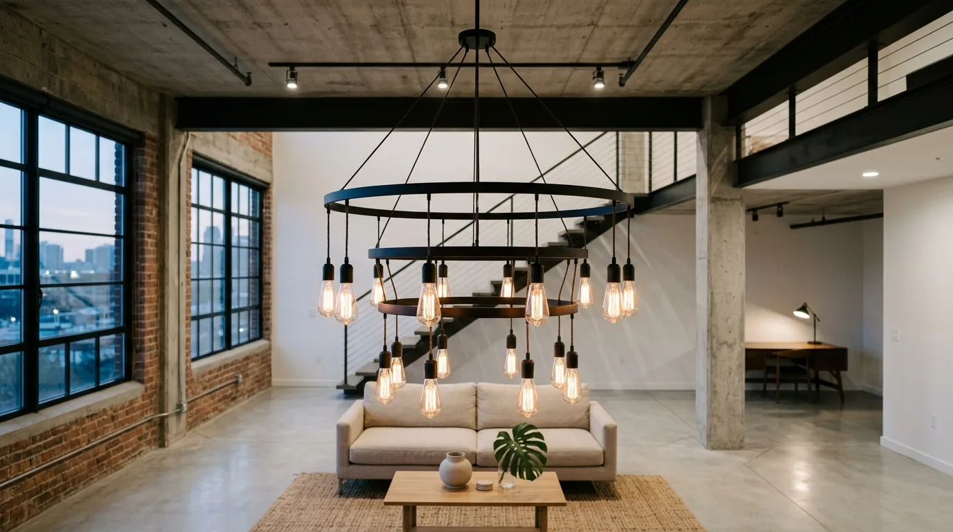 A DIY driftwood chandelier suspended in a natural coastal entry with soft neutral decor, no people