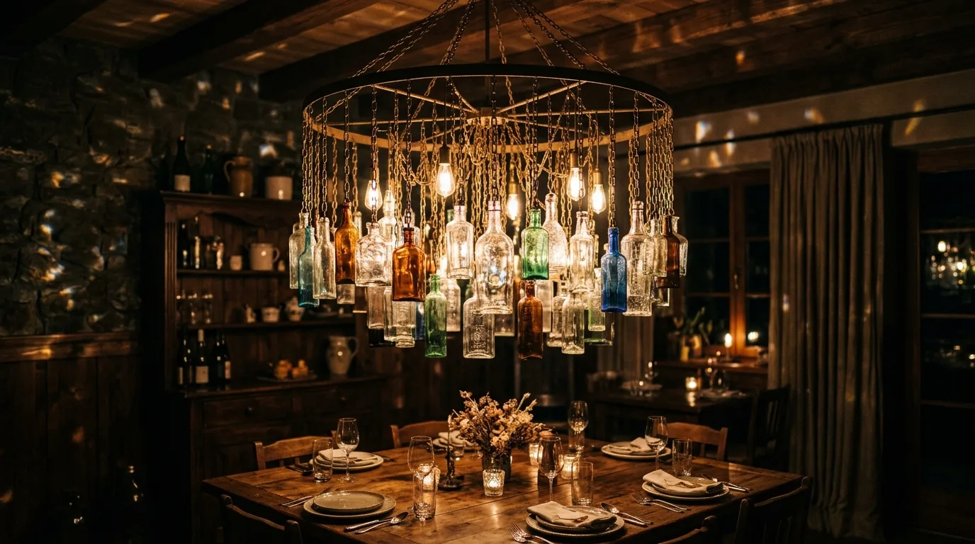 A glamorous DIY chandelier with acrylic crystal style drops and chain in a softly lit room, no people