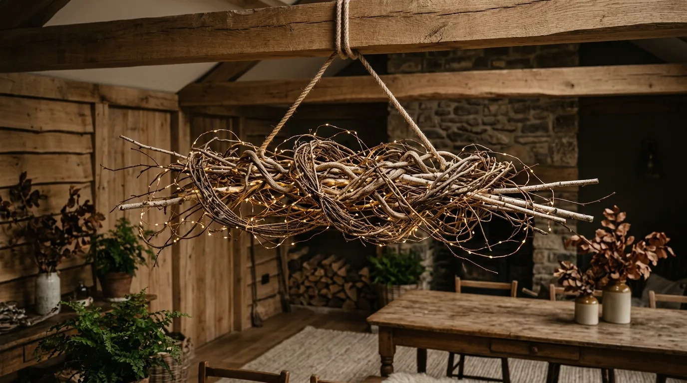 A DIY chandelier made from a cluster of woven basket pendants over a cozy dining nook, no people