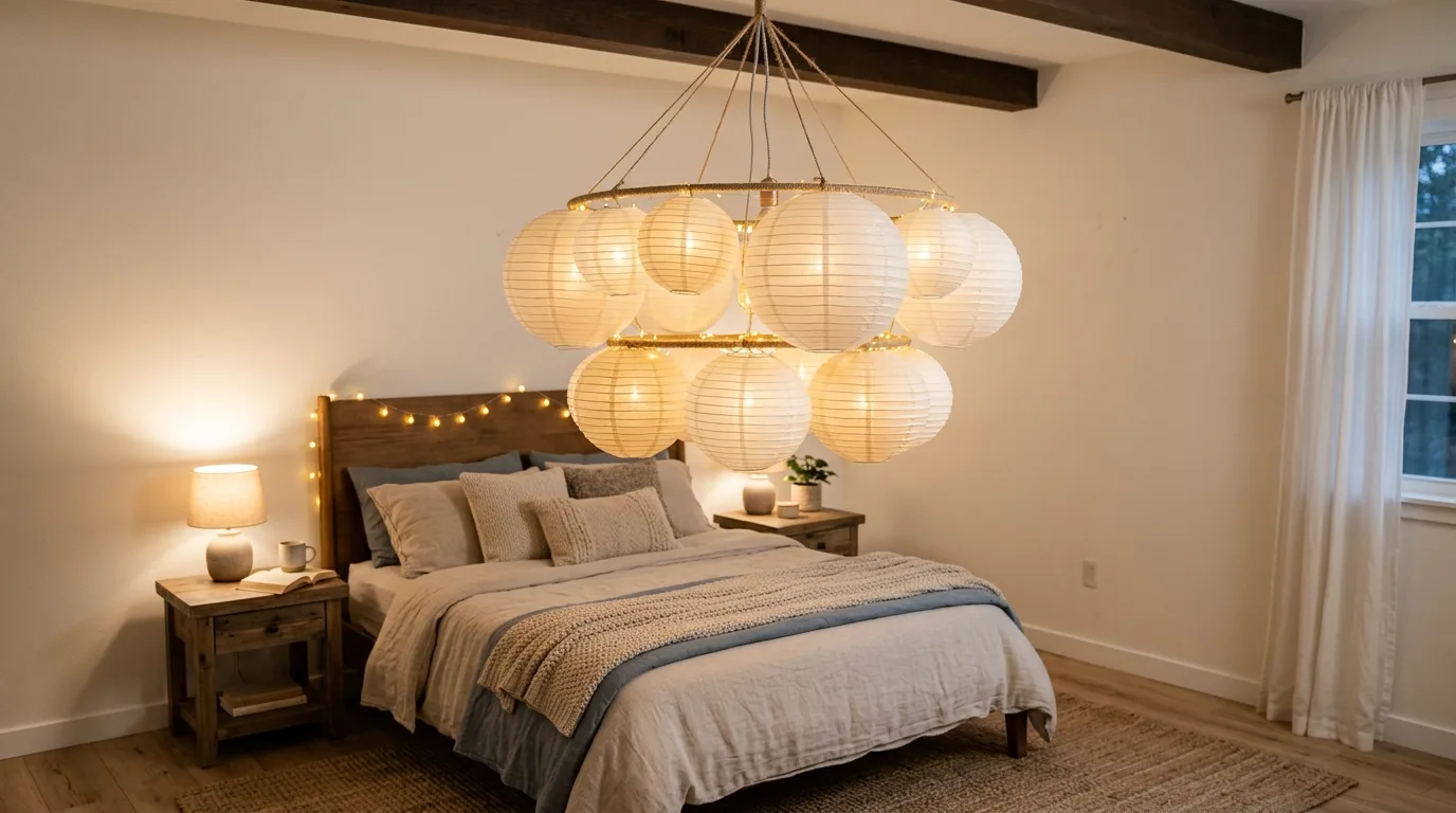 A black metal frame DIY chandelier hanging dramatically above a dining room table, no people