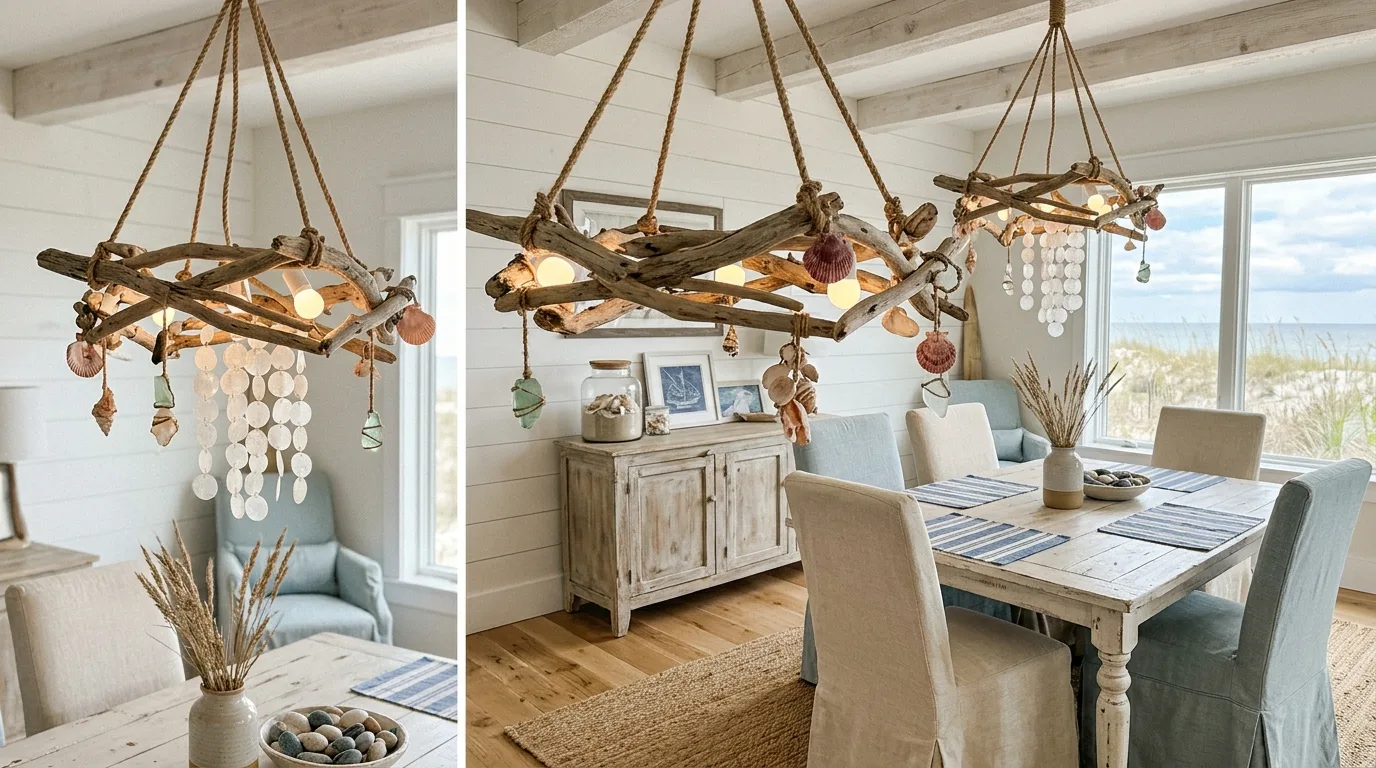 A DIY chandelier with capiz inspired hanging discs creating soft shimmer in a bright room, no people