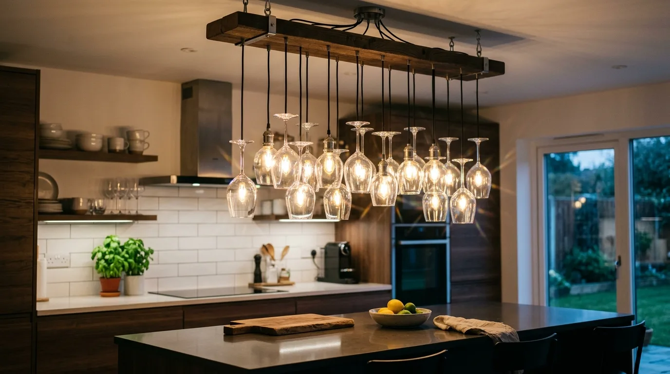 A tiered candle style DIY chandelier with an old world look in a traditional room, no people