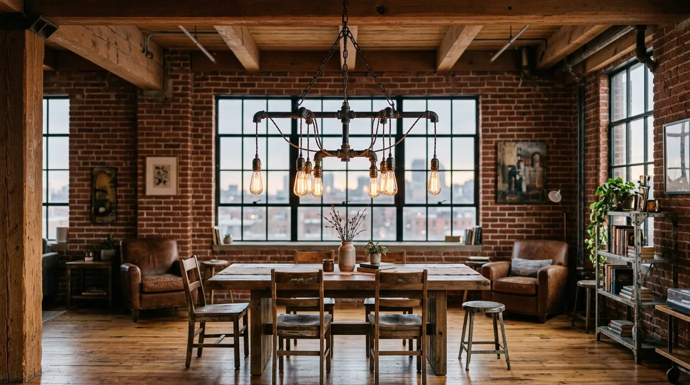 A DIY chandelier wrapped in rope adding warm texture above a dining space, no people
